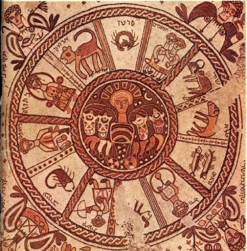 Mosaic of the signs of the zodiac in a 6th century synagogue at Beth Alpha, Jezreel Valley, northern Israel.